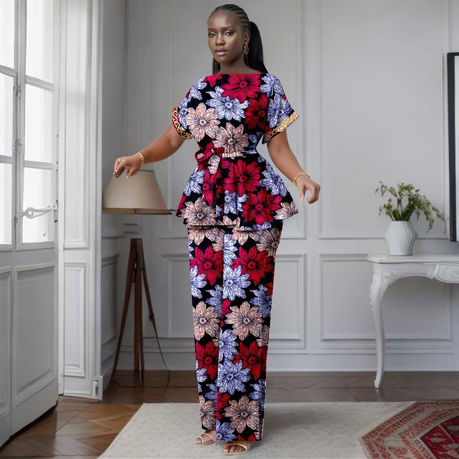 African Women's Printed Ankara Slash Neck Short Sleeve Top Mid-Calf Pants two-piece Set Dashiki Casual Party