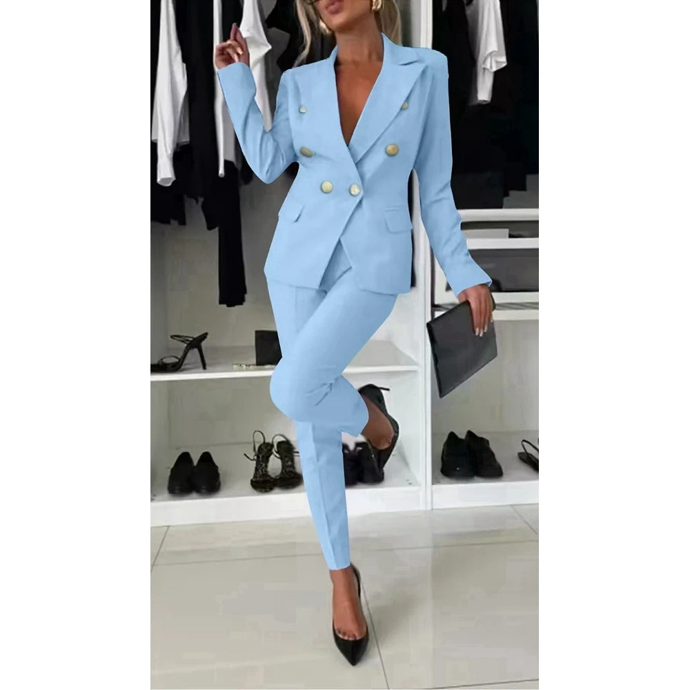 Women Casual Plain Blazer Coat & Work Pants Set Formal Solid OL Style 2 Pieces Set Bussiness Office Lady Suit Sets Workwear