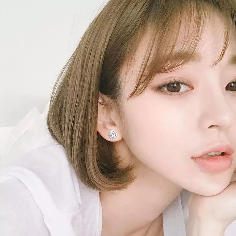 Korean 925 Sterling Silver Cute Round Crystal Stud Earrings for Women S925 Wedding Party Jewelry Gift Aretes De Mujer