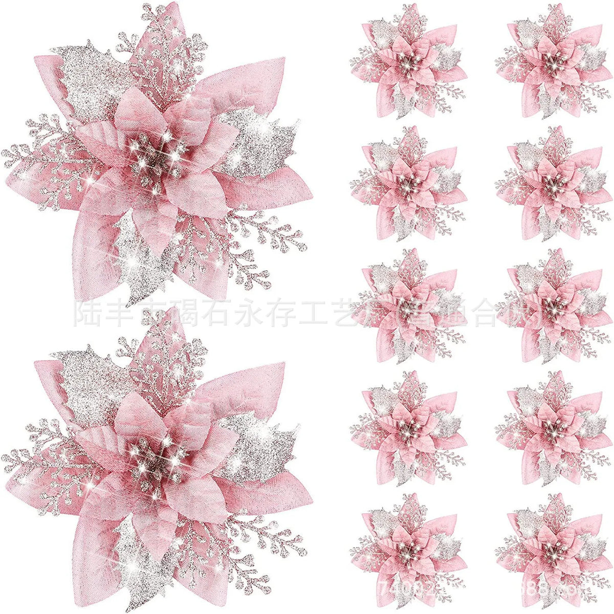 30pcs Glitter Pink Christmas Flowers Xmas Tree 14cm Artifical Flower Ornaments 2023 Merry Christmas Decoration For Home New Year