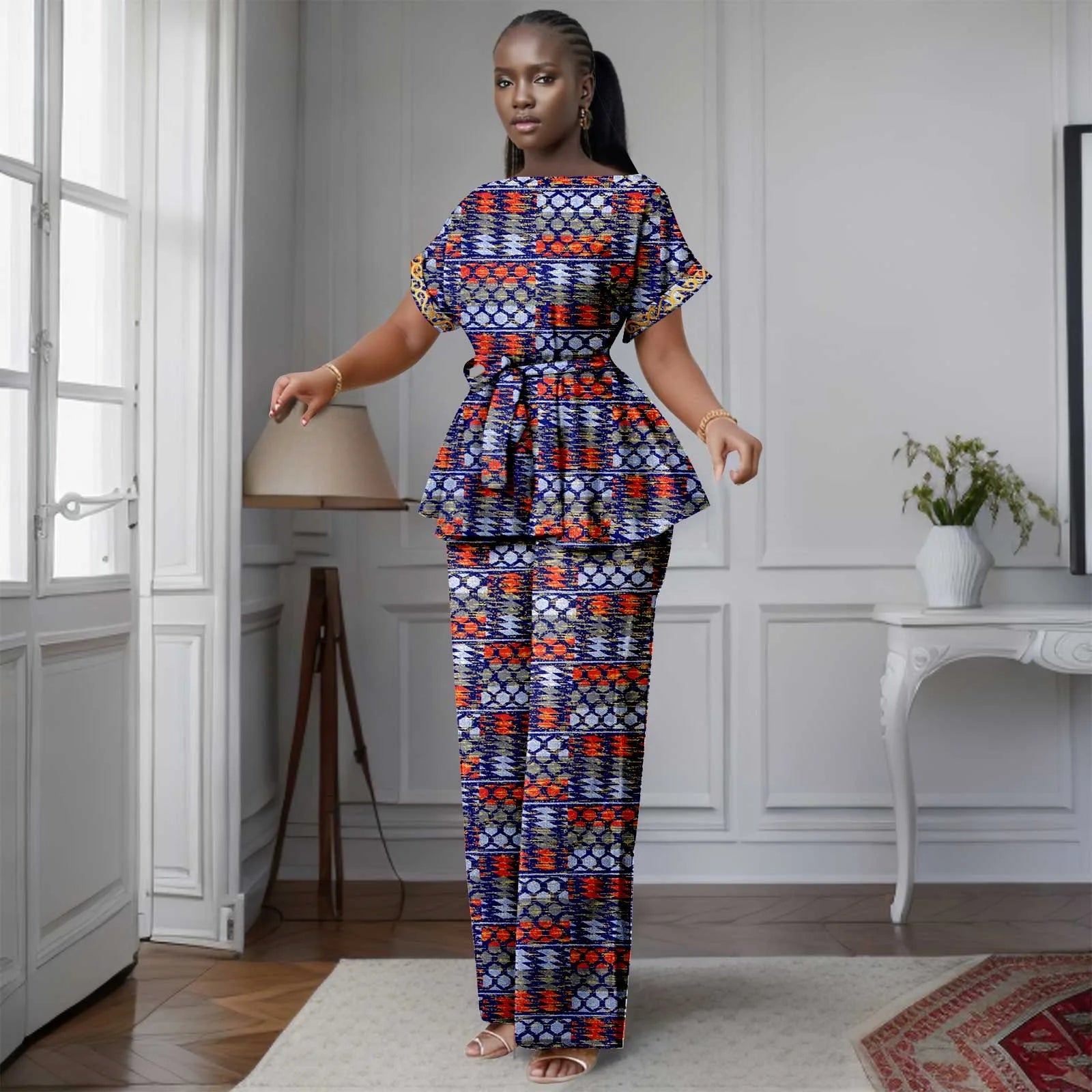 African Women's Printed Ankara Slash Neck Short Sleeve Top Mid-Calf Pants two-piece Set Dashiki Casual Party