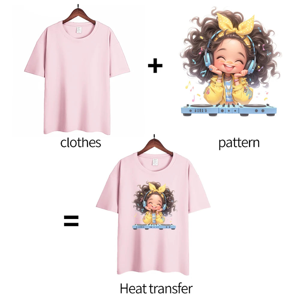Yellow Guitar Music Girl Heat Transfer Patches For Clothing DIY A-Level Washable T-shirts Iron-on Thermal Stickers