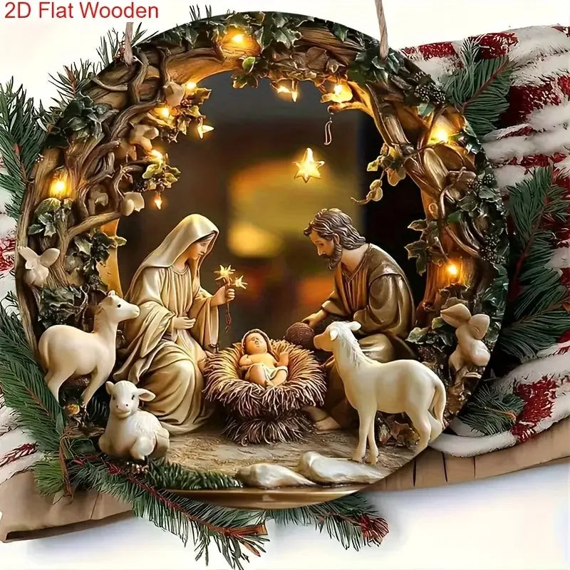 2D Flat Christmas Manger Scene, Wooden Sign, Circular Design, Church Wall Door Decoration, Christian Christmas Home