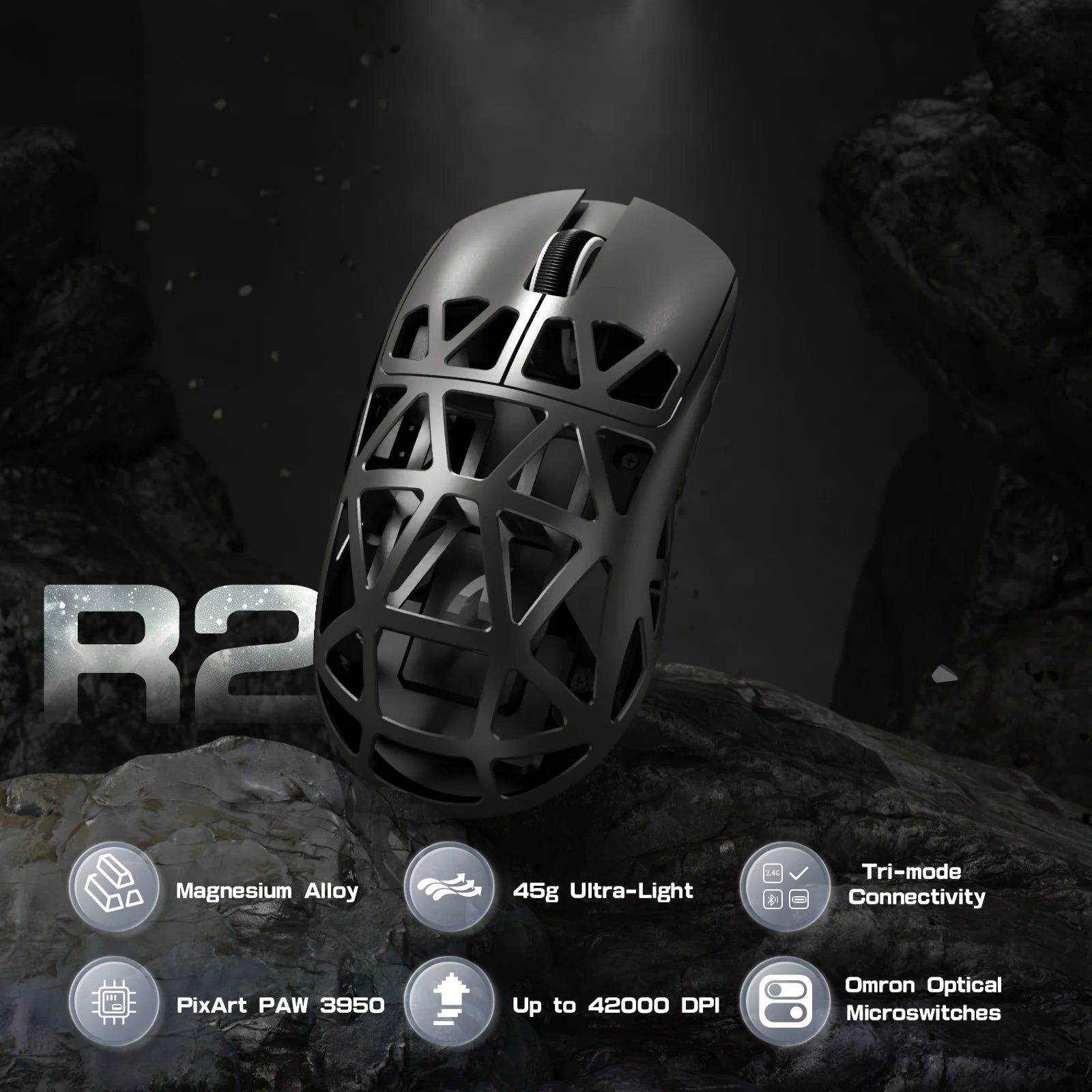 ATTACK SHARK R2 Magnesium Alloy PAW3950 Gaming Mouse, Tri-mode, 8000hz, 42000 DPI, 45g Ultralight, 100M Clicks Microswitches