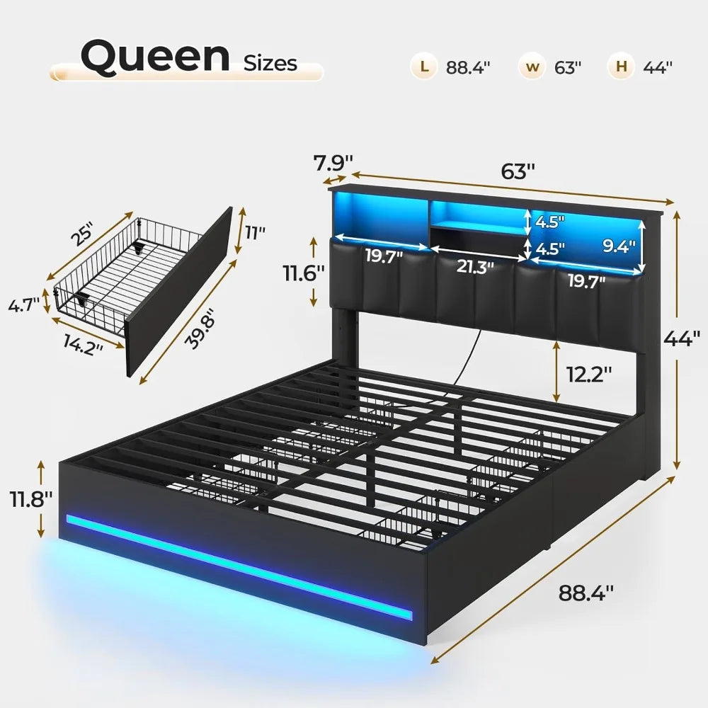 VIAGDO Queen Bed Frame with Bookcase Headboard, Wooden Bed Frame Queen Size with Charging Station, 4 Storage Drawers and LED Lig