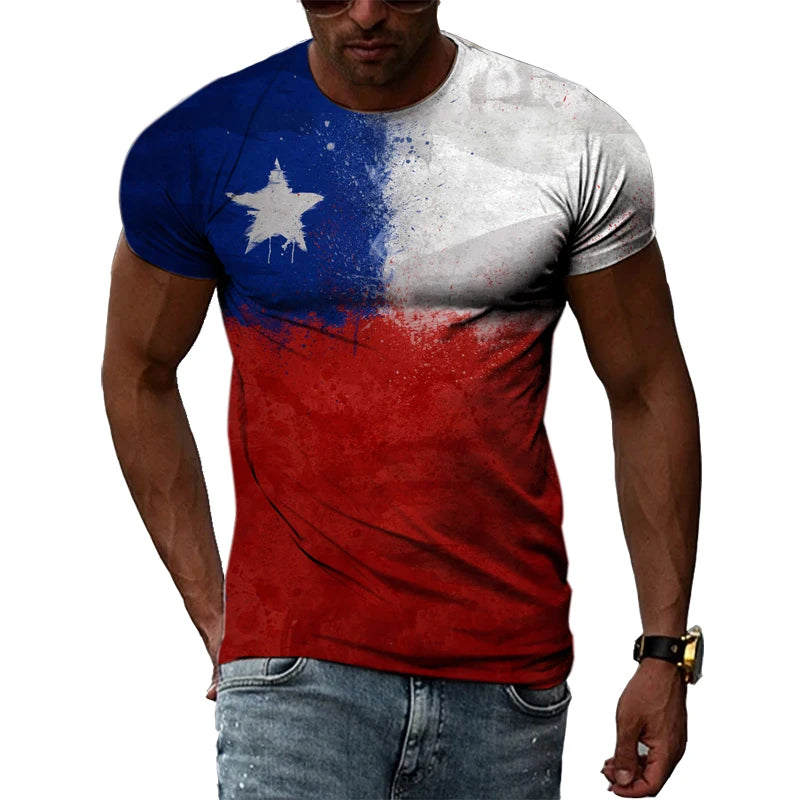 Summer T-shirts For Man 3D Print Hip Hop Harajuku Personality Round Neck Short Sleeve Fashion Natural Scenery Chile map and flag