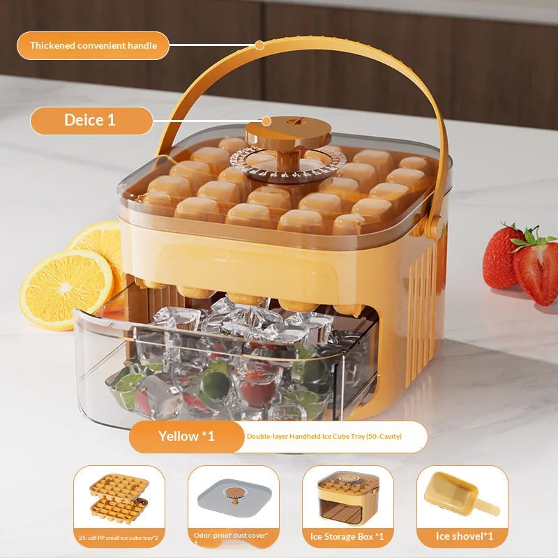 Press-down ice tray, ice cube mold, ice maker, easy-release plastic mold, large-capacity ice bucket for home use.