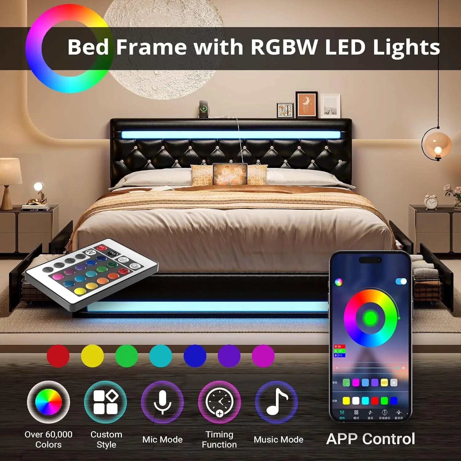 Full Size Bed Frame with LED Light, PU Leather Platform Bed Frame with 4 Drawers, Adjustable Crystal Button Tufted Headboard, No