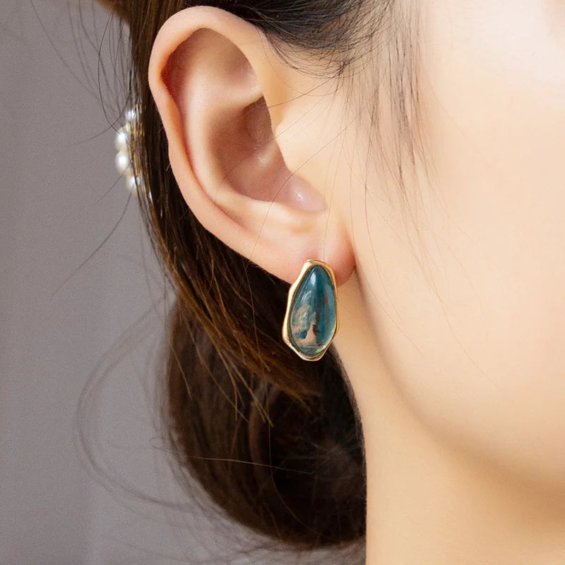 Simple Temperament Gradient blue-green Irregular Geometric Asymmetrical Stud Earrings Vintage Fashion Jewelry For Women