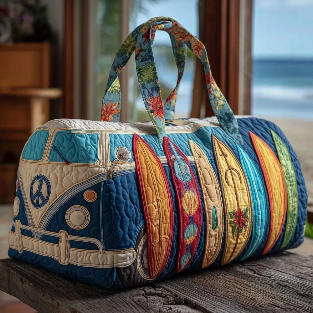Trendy 3D Quilted Duffle Bag Bus Design Large Capacity Travel Handbag Retro Boho Multifunctional Gym Tote Bag Daily Outings