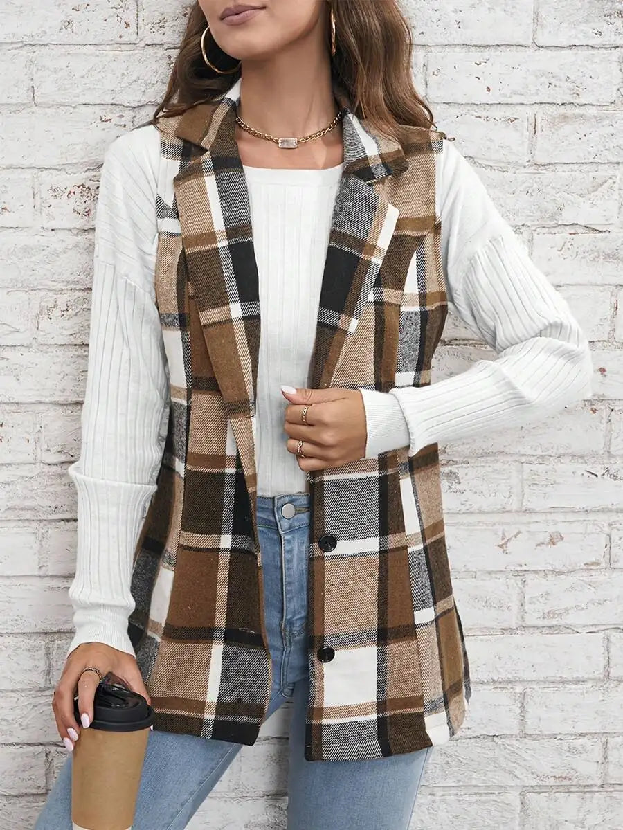 Women's Plaid Lapel Vest Jacket, Casual Longline Blazer with Button Closure