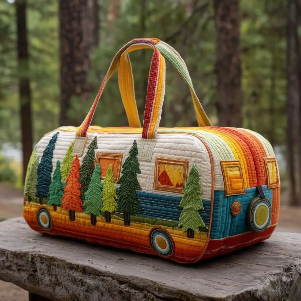 Trendy 3D Quilted Duffle Bag Bus Design Large Capacity Travel Handbag Retro Boho Multifunctional Gym Tote Bag Daily Outings