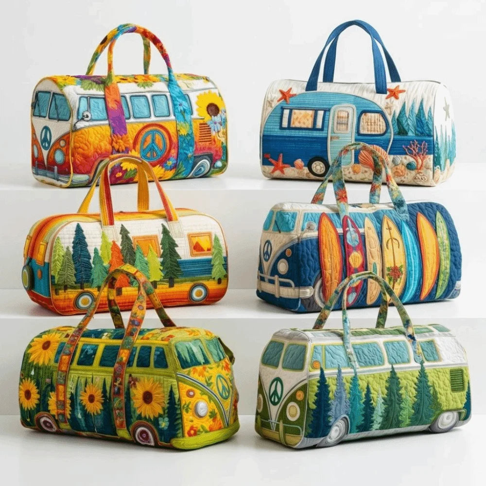 Trendy 3D Quilted Duffle Bag Bus Design Large Capacity Travel Handbag Retro Boho Multifunctional Gym Tote Bag Daily Outings
