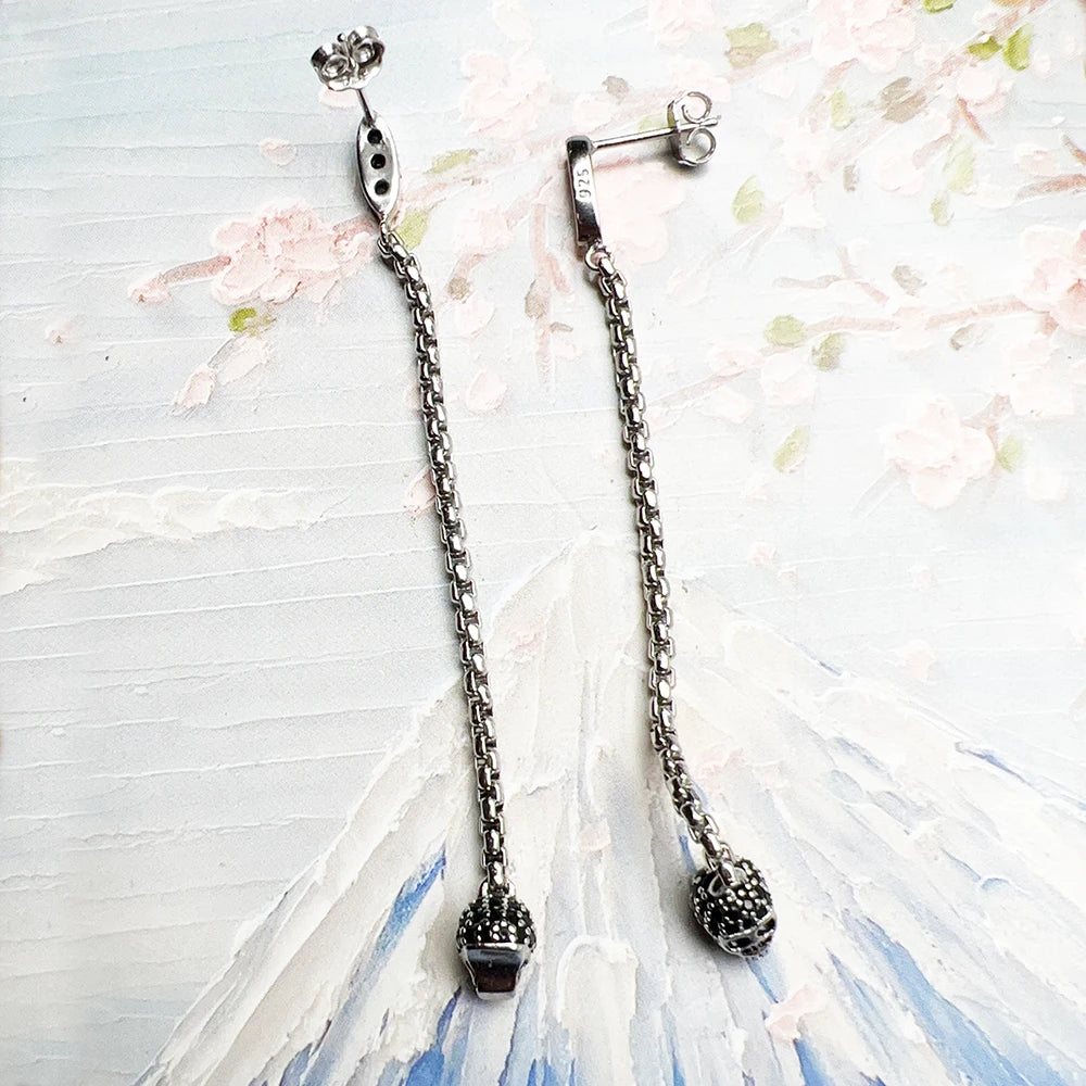 Long Earring Black Stone Skull Women Punk Gift High Quality 925 Sterling Silver Fine Jewelry