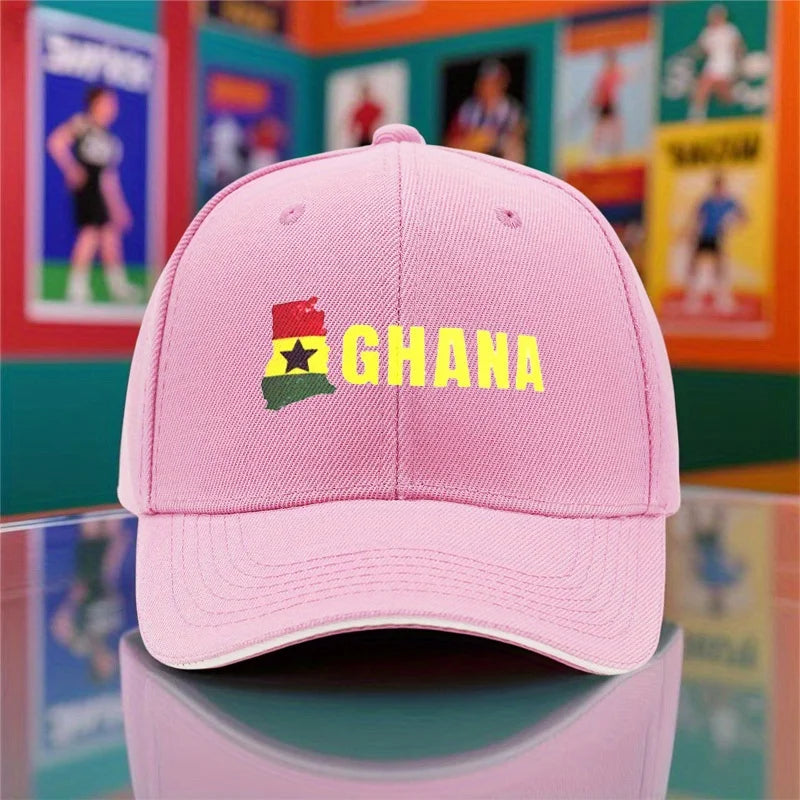 1pc Unisex Baseball Cap, New Style Breathable Black Snapback Hat with Ghana Print for Outdoor Camping, Travel, Running, Yoga, an