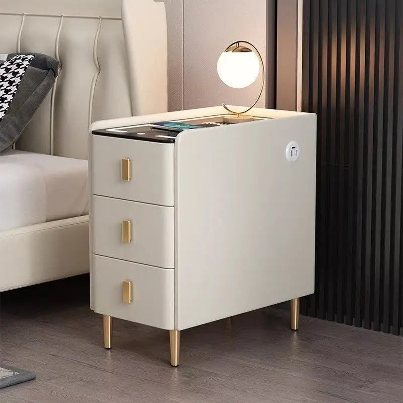 Nordic Style Intelligent Solid Wood Bedside Table Faux Leather 3 Drawers Nightstands with Wireless Charging Side Storage Cabinet