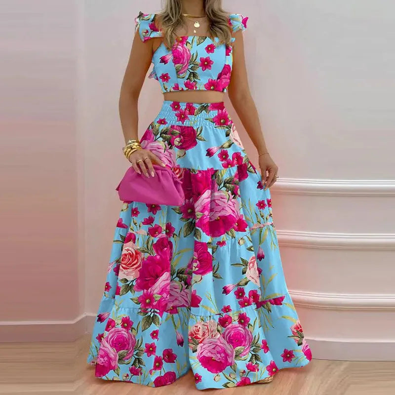VEITCHE Summer Women Sexy Solid Two Suit Dress Women's Casual Loose Top Maxi Dress 2 Piece Set Female Elegant Holiday Sets