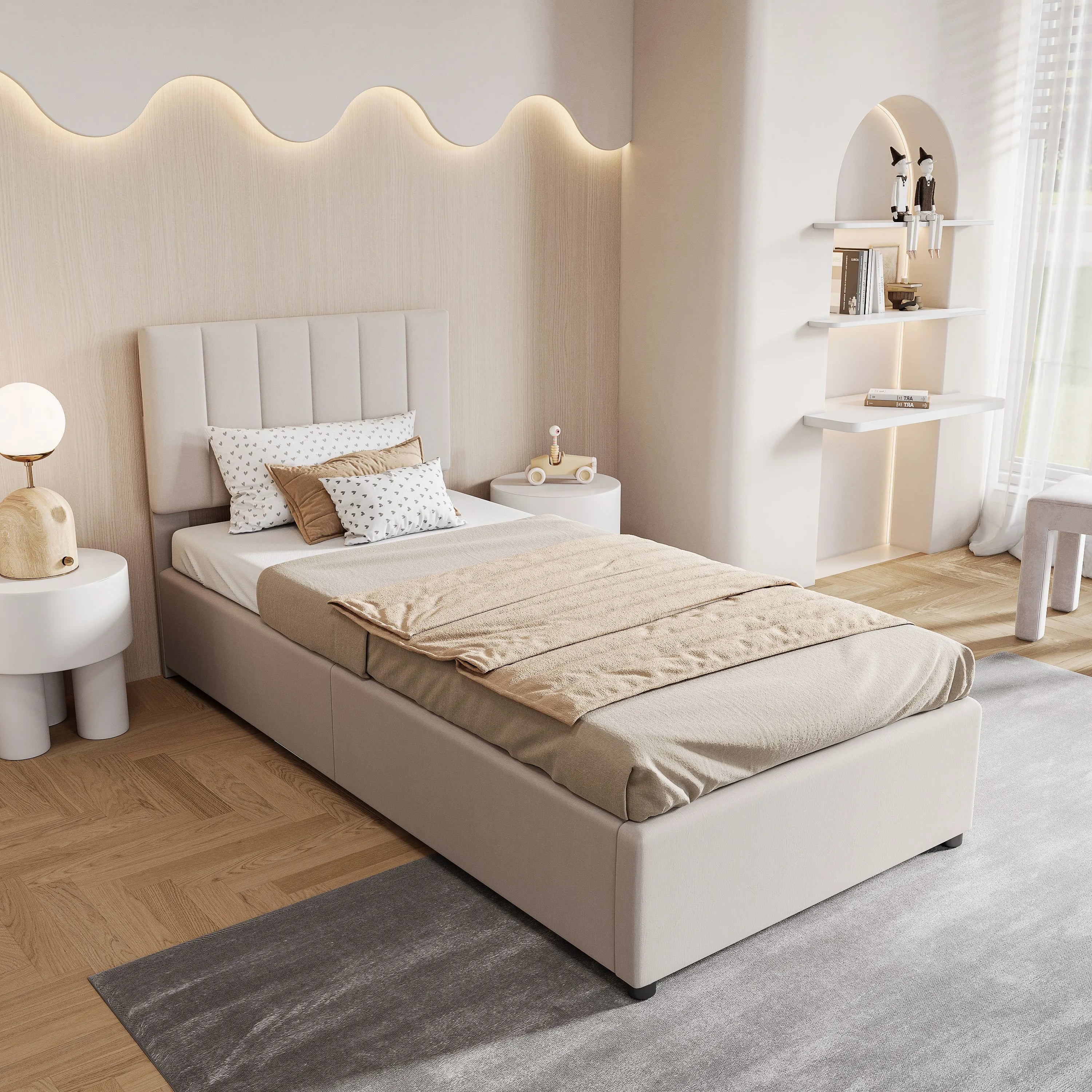 Rosahqnda children's bed 90x200 cm, upholstered bed, for boys and girls, single bed, hydraulic storage bed, linen,No Mattress