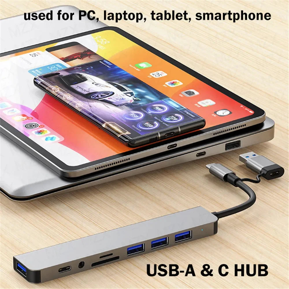 MZX 8 in 1 USB A & Type C Hub Docking Station Multi-Function Adapter with SD/TF Card Reader And Audio for Laptop PC Accessories