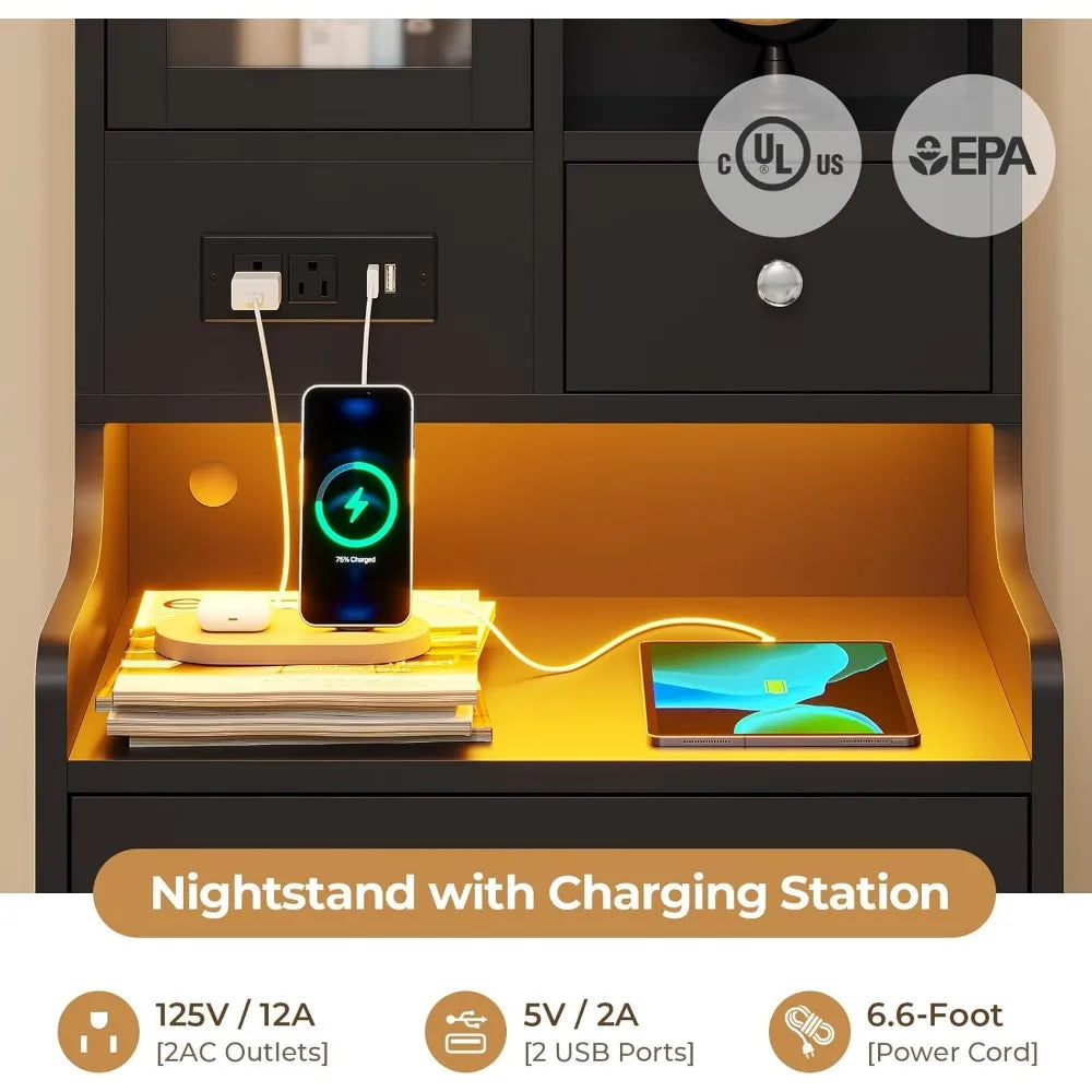 contemporary 49.2" led-lit nightstand with charging port and storage shelf