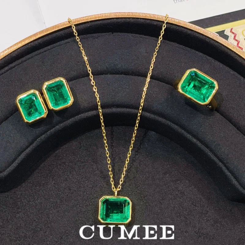 CUMEE 925 Silver Jewelry set Personalized, Cultivated Synthetic Emerald Earring for Women Jewelry , 18K Yellow Gold-plated