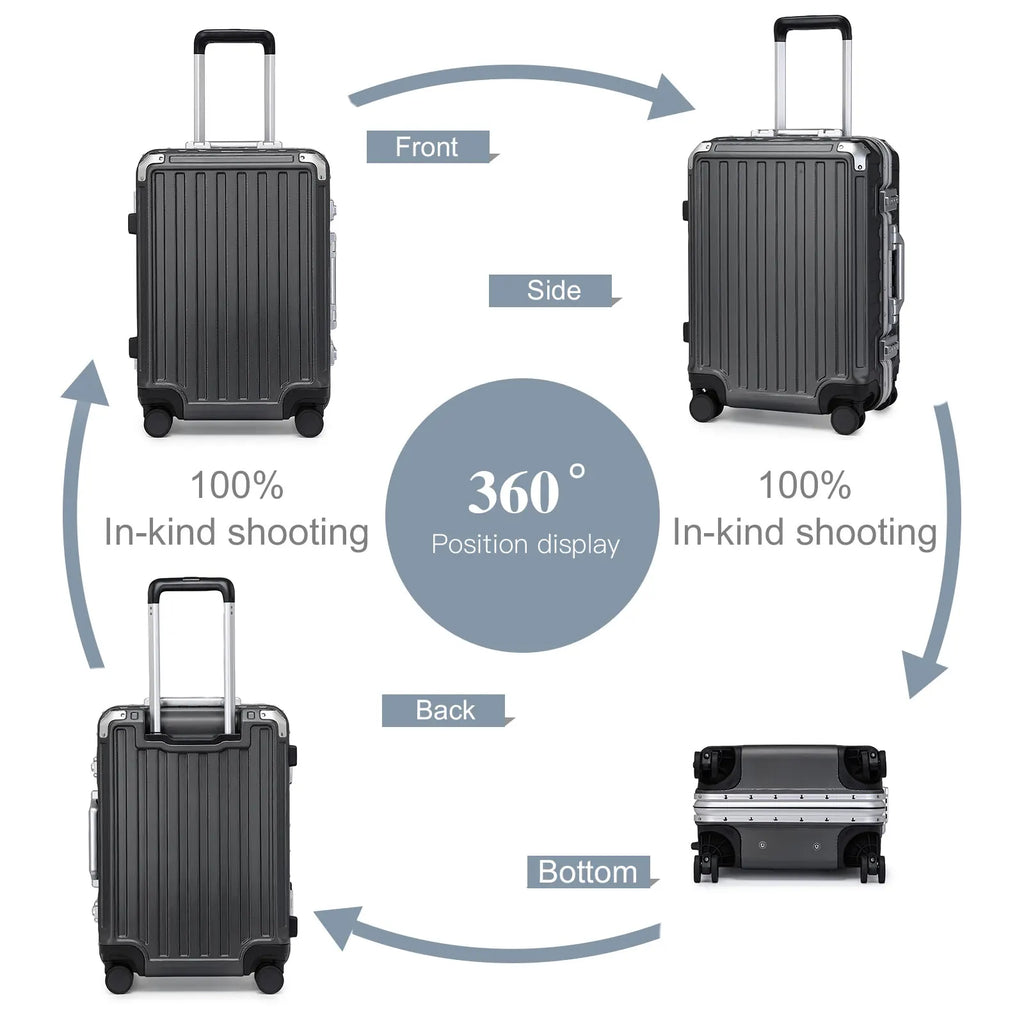 Hard Case Suitcase Trolley Aluminum Frame suitcase PC hand luggage with 4 Rolls TSA Check-in Luggage Trackcase Black