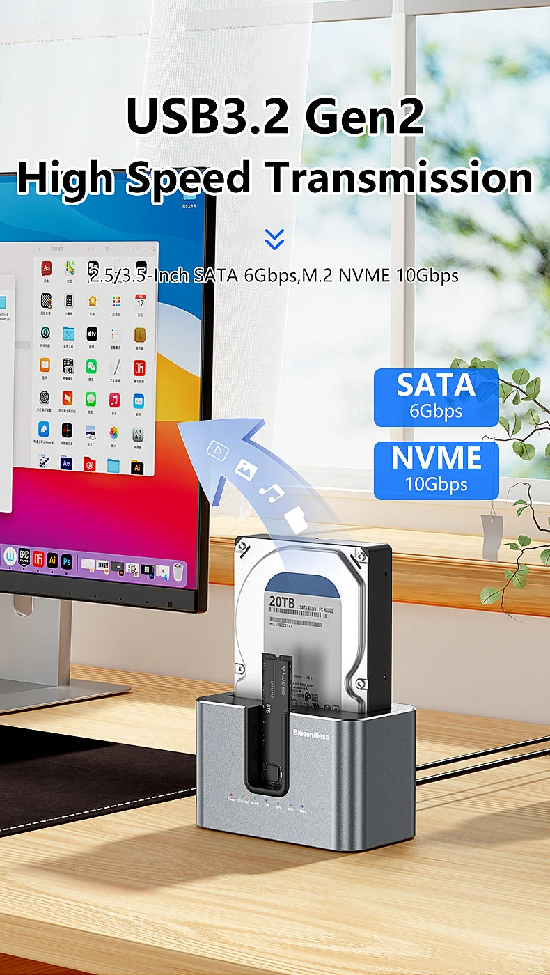 Blueendless offline Clone Function M.2 NVME to SATA 2.5 3.5 2.5/3.5 Inch SSD HDD Duplicator Docking Station Enclosure Adapter