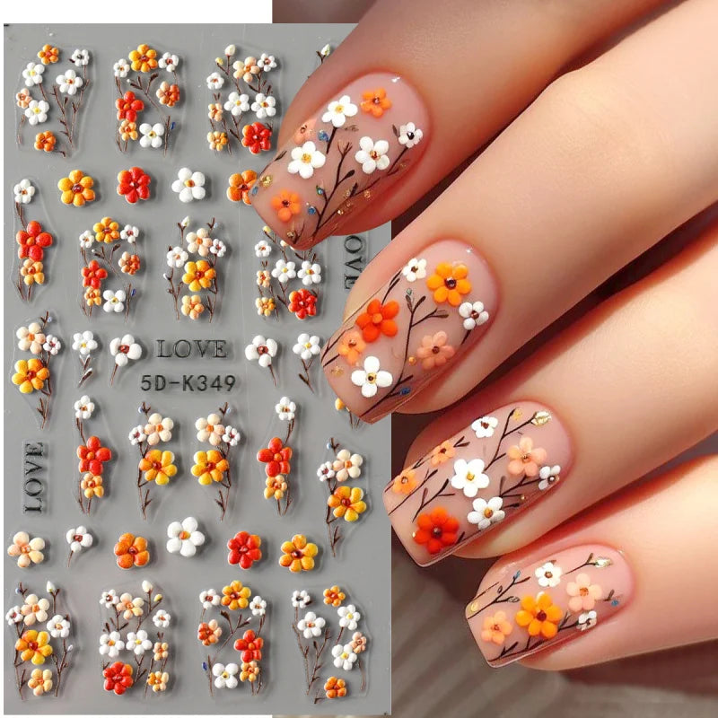 5D Daisy Embossed Nail Stickers Spring Fresh Floral Designs Acrylic Five-Petal Flower Self-Adhesive Nail Art Decals Decorations