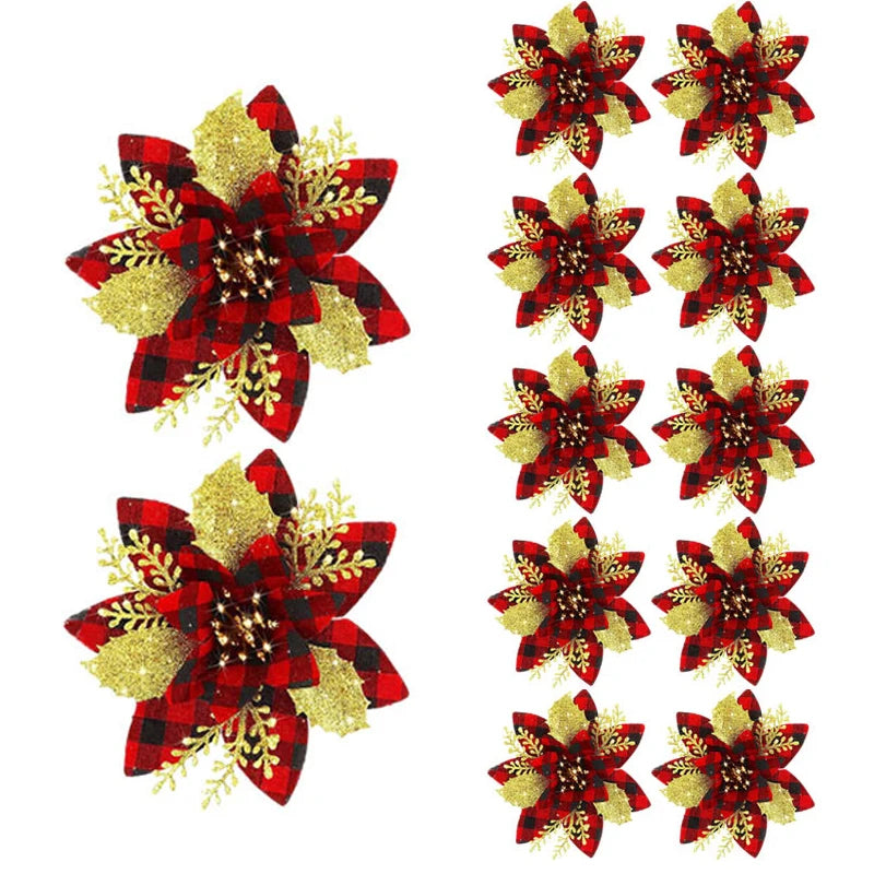 Glitter Artifical Christmas Flowers Mreey Christmas Tree Decoration Happy New Year Ornaments Xmas Fake Flowers Natal
