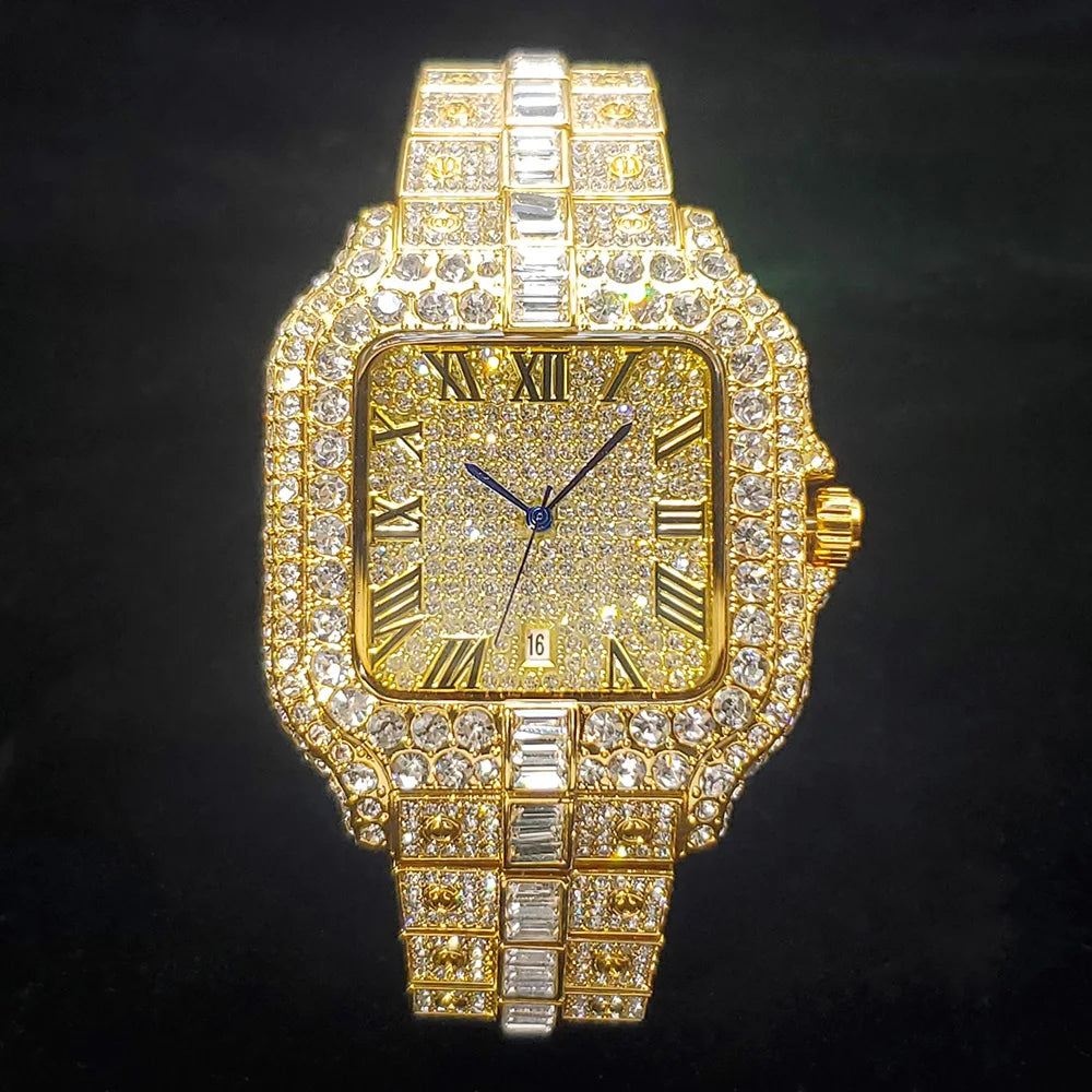 Luxury Diamond Watch for Men Hip Hop Style Bling Bling Iced Out Wristwatch Fashion Square Stainless Steel Waterproof Clock 2024