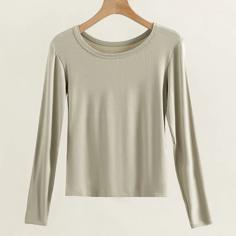 1pcs Plain T Shirt Womens Elastic Basic T-shirts Females Casual Slimming Tops Long Sleeve Sexy Thin T-Shirt Lady Warm Underwears