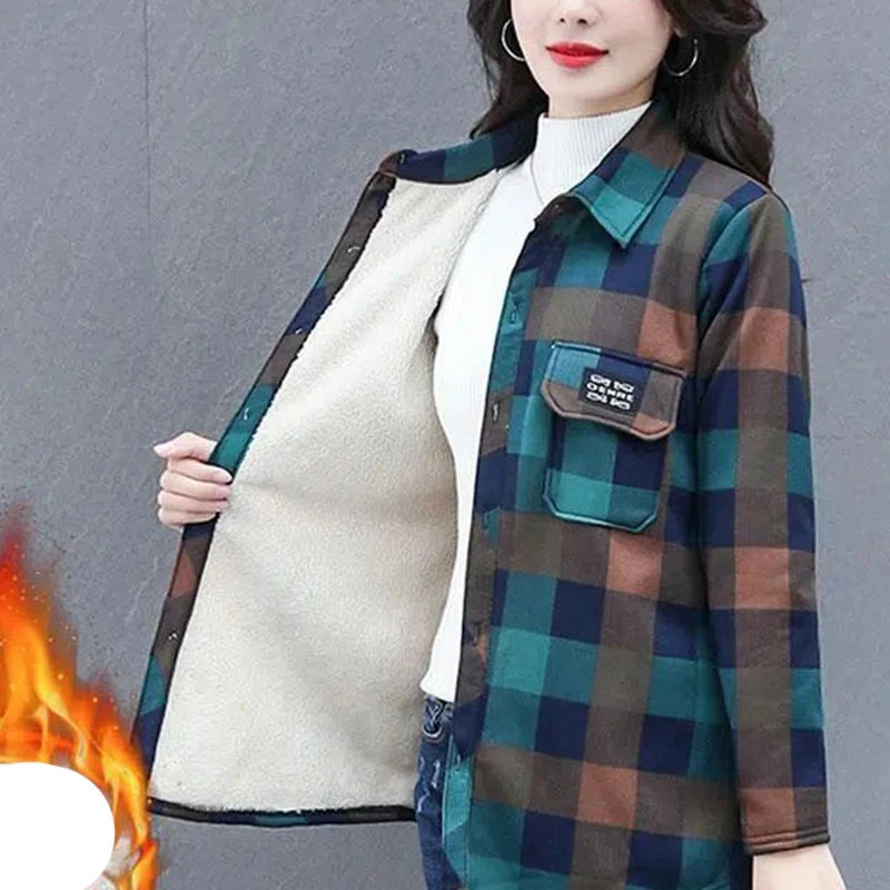 Autumn Winter Fashion Plus Velvet Harajuku Tops Women Loose Casual All Match Outerwear Lattice Shirt Long Sleeve Button Blusa