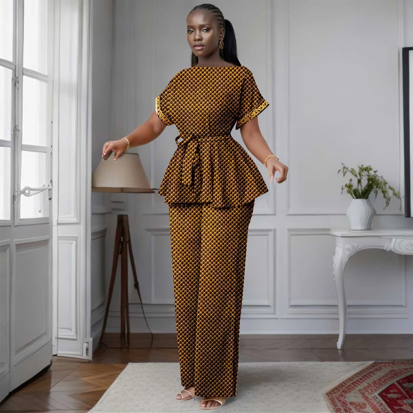 African Women's Printed Ankara Slash Neck Short Sleeve Top Mid-Calf Pants two-piece Set Dashiki Casual Party