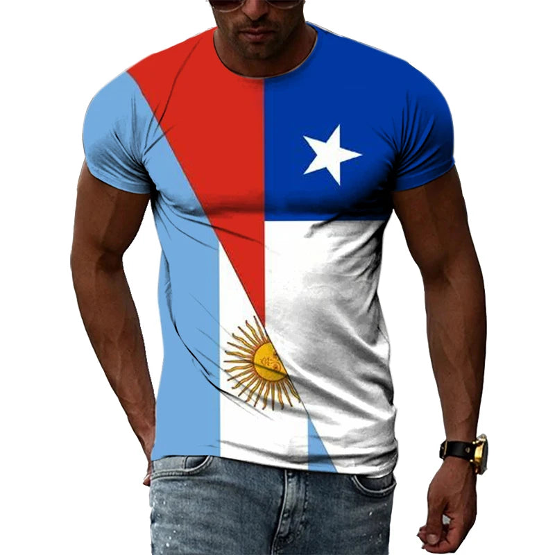 Summer T-shirts For Man 3D Print Hip Hop Harajuku Personality Round Neck Short Sleeve Fashion Natural Scenery Chile map and flag