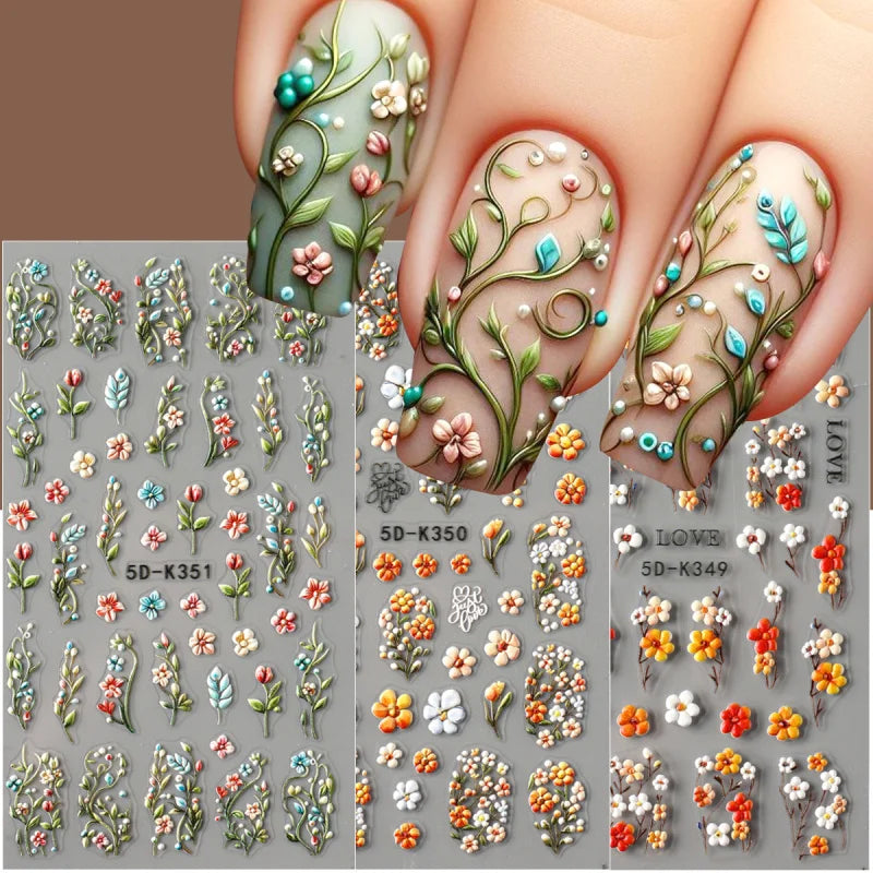 5D Daisy Embossed Nail Stickers Spring Fresh Floral Designs Acrylic Five-Petal Flower Self-Adhesive Nail Art Decals Decorations