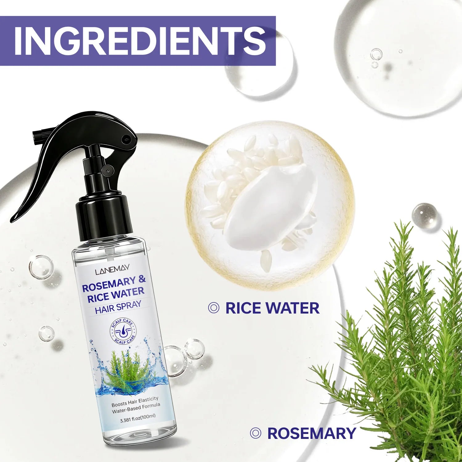 Rosemary & Rice Water Hair Spray – Boost Elasticity & Soften Strands Refresh and Revitalize Your Hair.