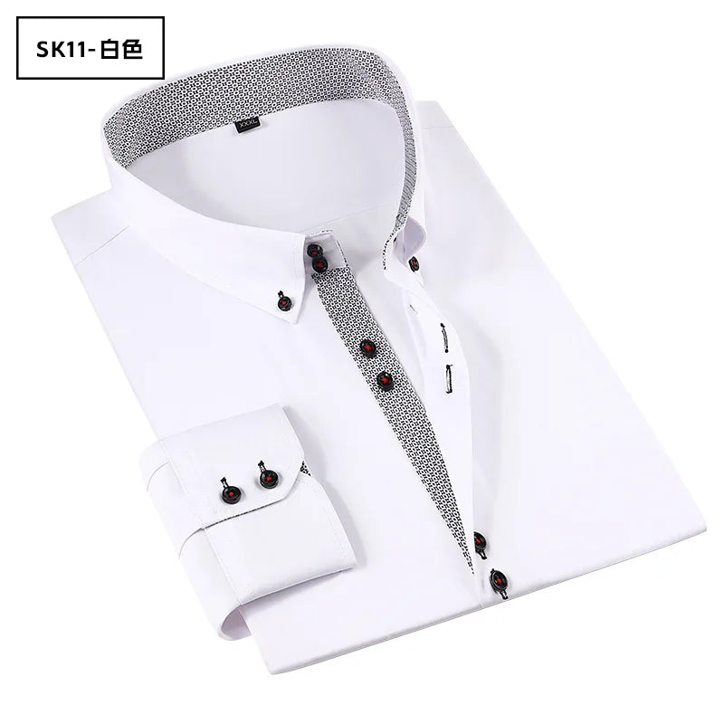 Men's Solid Color Patchwork Long Sleeve Shirt Business Casual Slim Fit Button Tops