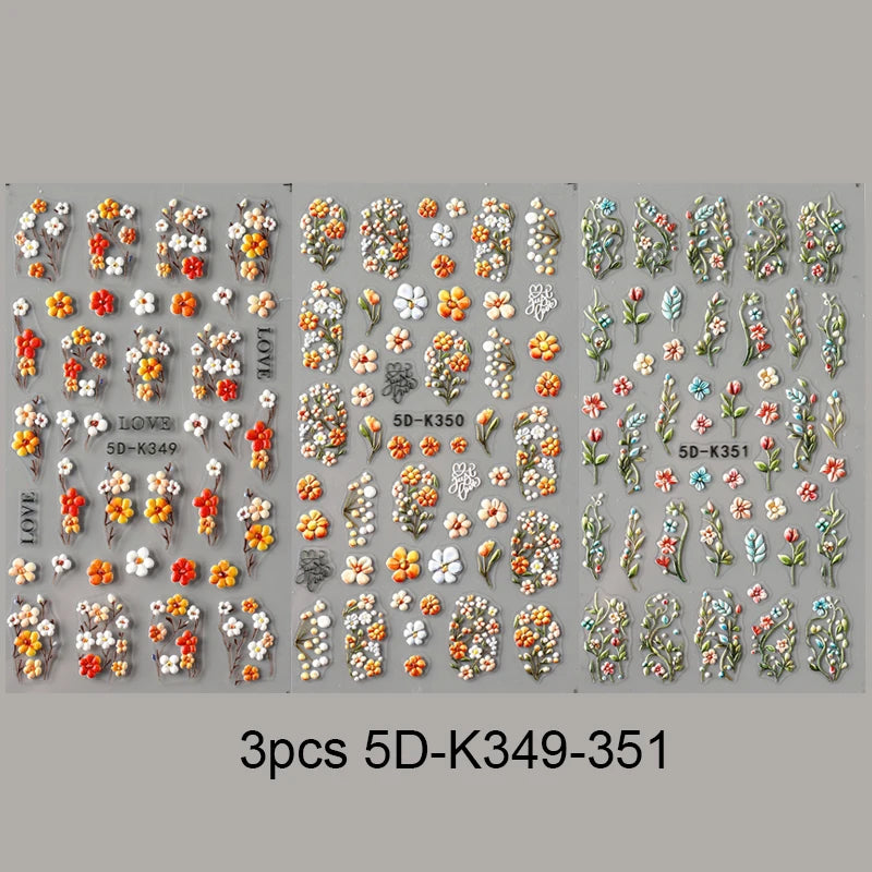 5D Daisy Embossed Nail Stickers Spring Fresh Floral Designs Acrylic Five-Petal Flower Self-Adhesive Nail Art Decals Decorations