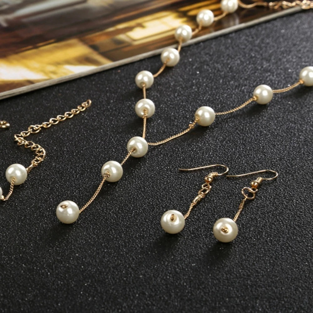 Korea Designer 3pcs set Pearl necklace bracelet earrings set for women Luxury Wedding Bride Exquisite Jewelry Accessories Gift