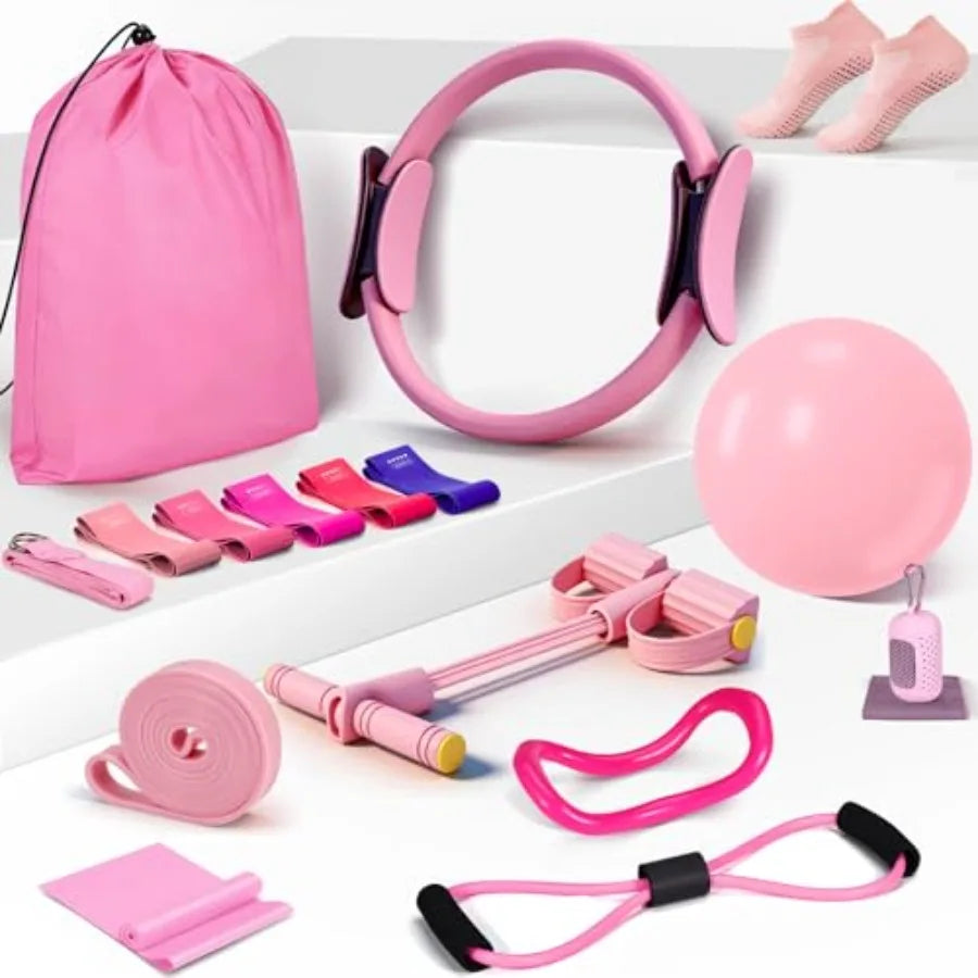 Pilates Essentials Kit for Women 15 Pcs Home Workout Equipment with Yoga Circle Ball Ring 5 Resistance Bands Pedal Puller Anti