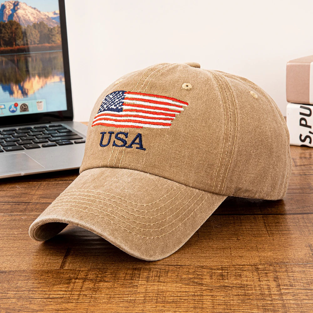 USA American Flag Embroidered Washed Cotton Baseball Cap for Men Women Vintage Adjustable Dad Hat Patriotic Outdoor