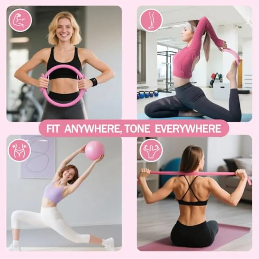 Home Pilates Essentials Kit for Women Pink Ring and Ball Pilates Set Equipment Magic Circle with 5 Resistance Bands Premium Acc