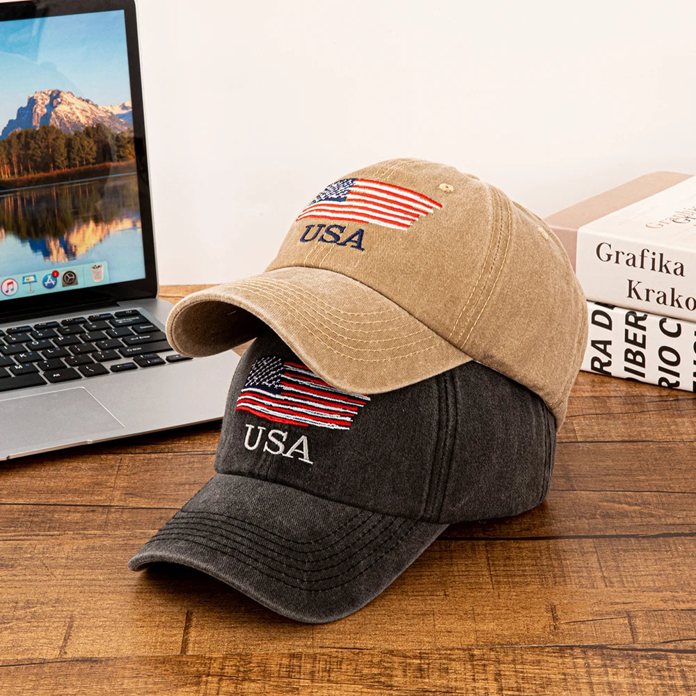USA American Flag Embroidered Washed Cotton Baseball Cap for Men Women Vintage Adjustable Dad Hat Patriotic Outdoor