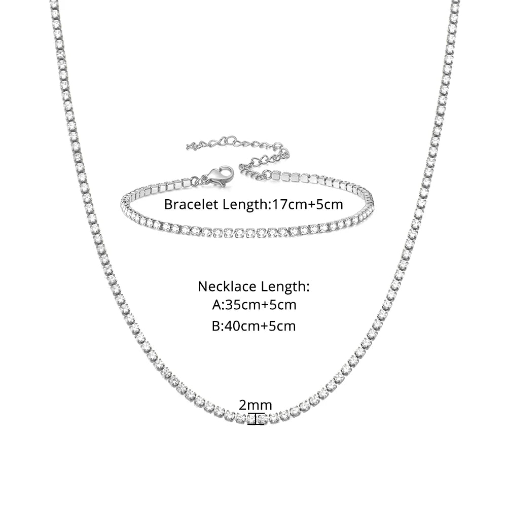 Trendy Iced Out Tennis Chain Set Gold Silver Color Stainless Steel Choker Necklace Bracelet for Women Party Jewelry Sets 2025