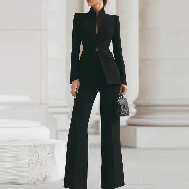 Elegant Long Sleeved Blazer+Pants Suit Autumn Simple Solid Color Commuting Outfit Women's Temperament Slim Fit Professional Set
