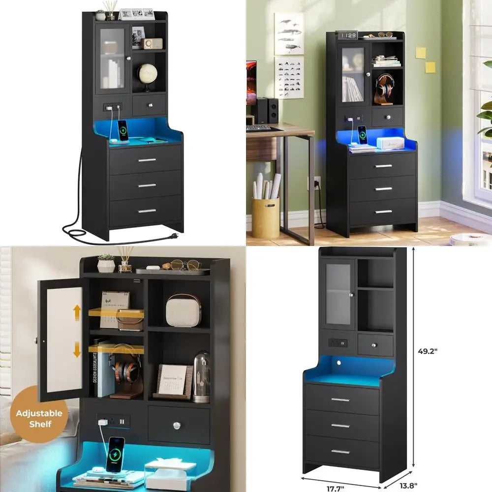 contemporary 49.2" led-lit nightstand with charging port and storage shelf