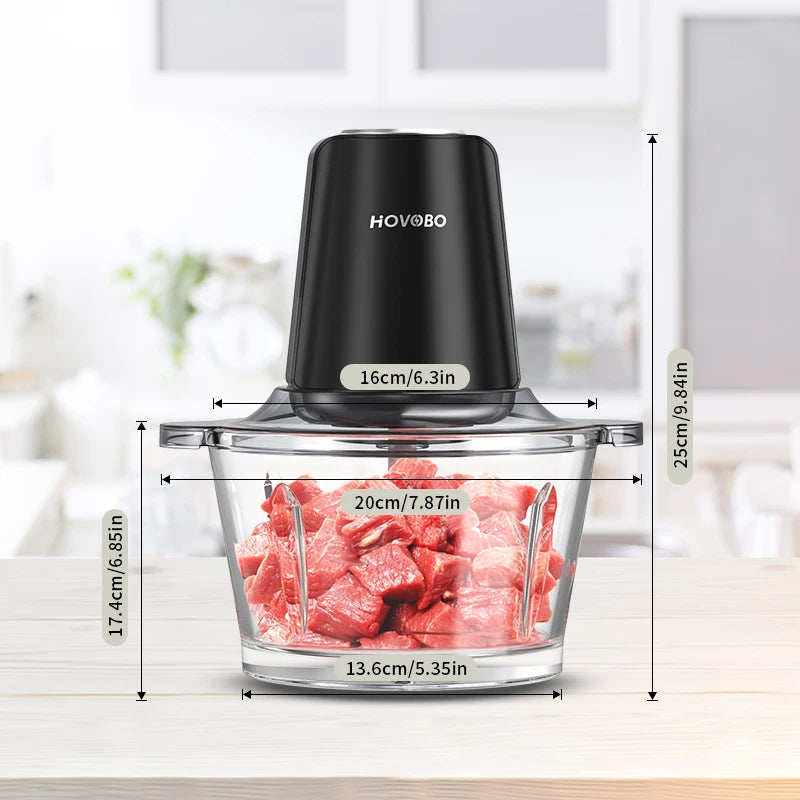 Food Processor, 350W Powerful Meat Grinder, 2L glass bowl 3 Speed Modes 2 Bi-Level Blades for Onion, Meat, Nuts, Frui