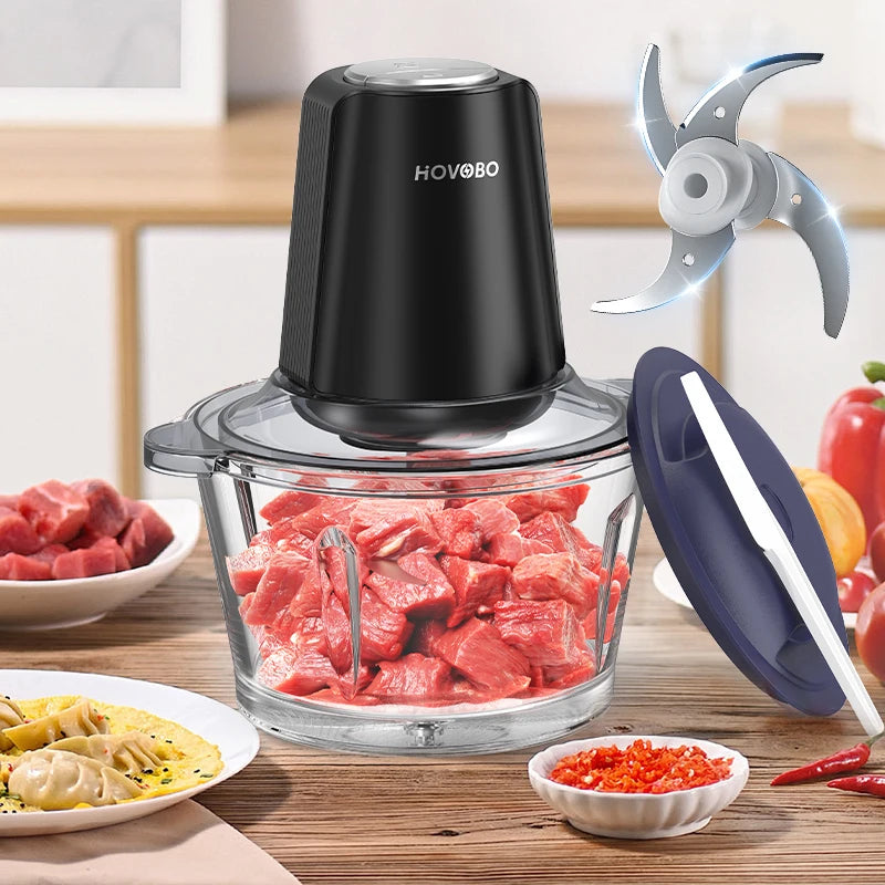 Food Processor, 350W Powerful Meat Grinder, 2L glass bowl 3 Speed Modes 2 Bi-Level Blades for Onion, Meat, Nuts, Frui