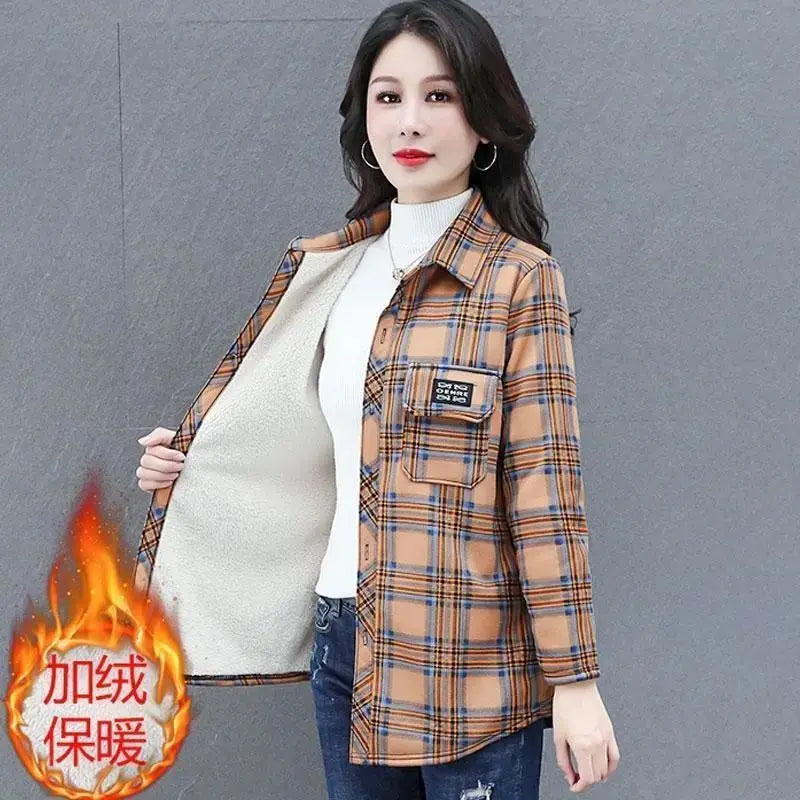 Autumn Winter Fashion Plus Velvet Harajuku Tops Women Loose Casual All Match Outerwear Lattice Shirt Long Sleeve Button Blusa
