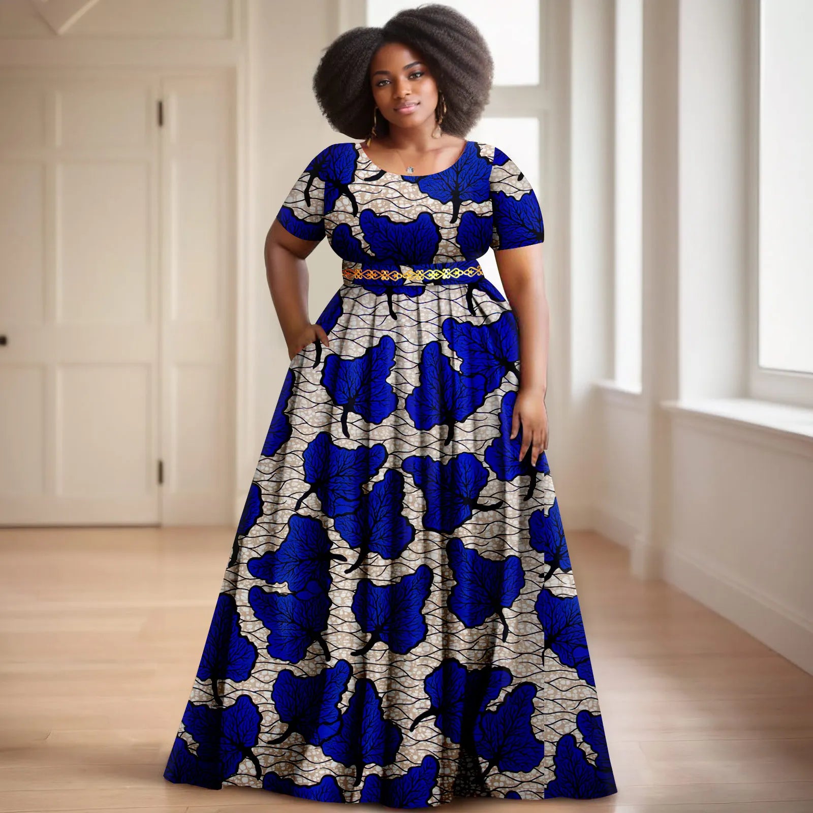 Afripride African Women's Dresses Ankara Batik Short Sleeve Gold Stamped Belt Accessory Dress 2425127